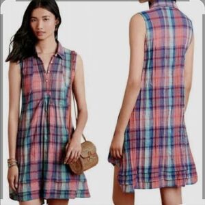 Anthropologie Isabella Sinclair Tillie Plaid Shirt Dress Medium Blue Pink